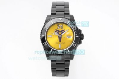 Swiss Replica Blaken Rolex Kobe Watch Yellow Dial Black Cermic Bezel